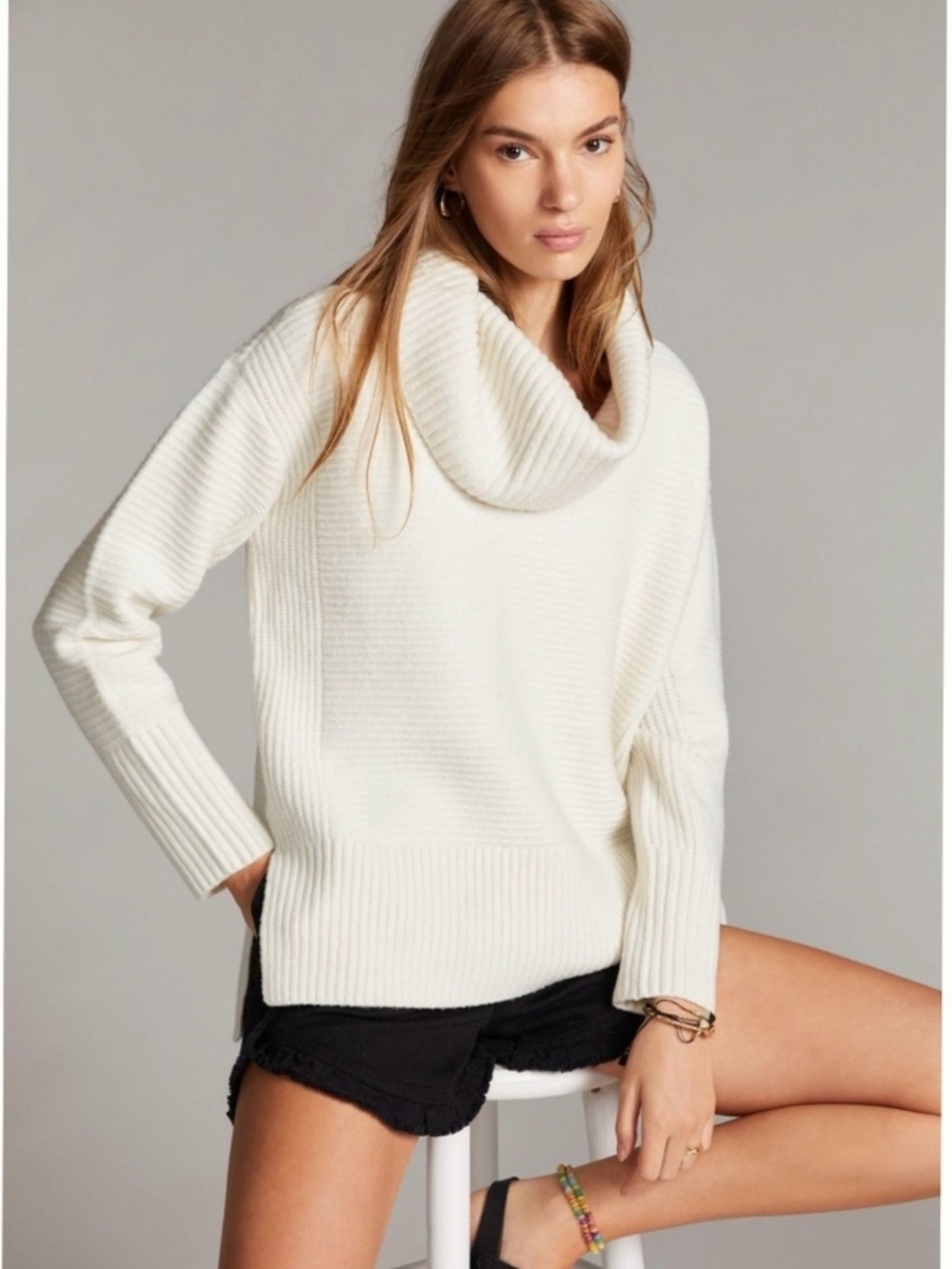 Anthropologie Cowl Neck Ivory Cream Boxy Sweater side slits XS ITALY